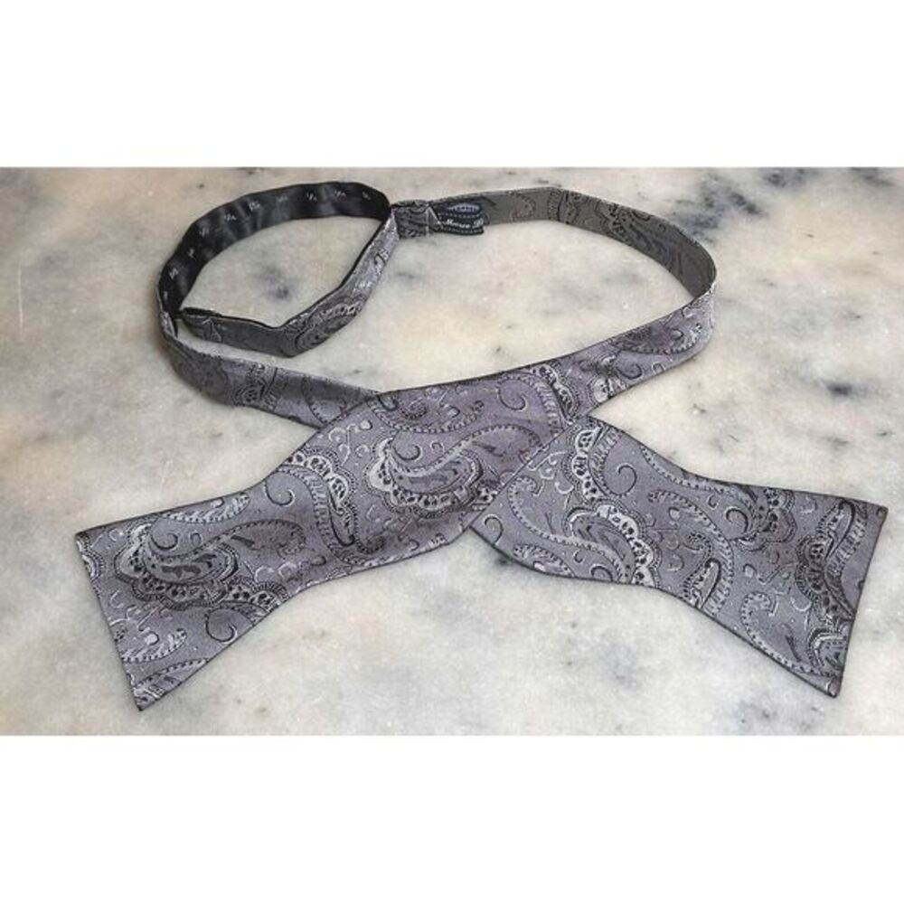 Marco Laurenti 100% Silk Silver Gray Paisley Woven Self Bow Tie Made In Italy